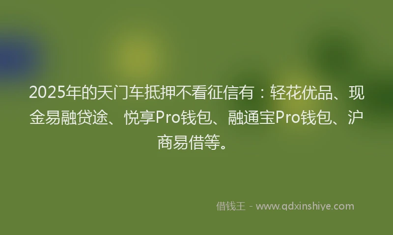 2025年的天门车抵押不看征信有：轻花优品、现金易融贷途、悦享Pro钱包、融通宝Pro钱包、沪商易借等。
