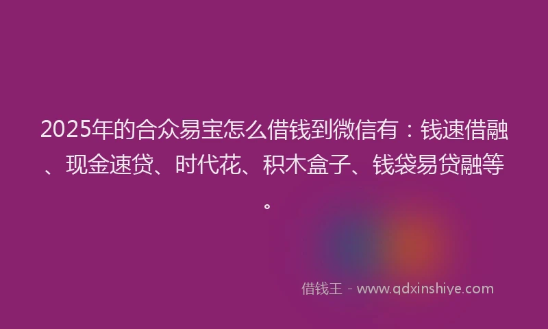 2025年的合众易宝怎么借钱到微信有：钱速借融、现金速贷、时代花、积木盒子、钱袋易贷融等。