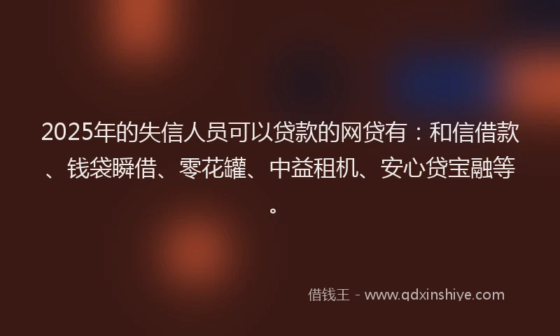 2025年的失信人员可以贷款的网贷有：和信借款、钱袋瞬借、零花罐、中益租机、安心贷宝融等。