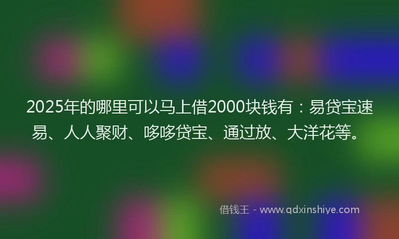 2025年的哪里可以马上借2000块钱有：易贷宝速易、人人聚财、哆哆贷宝、通过放、大洋花等。