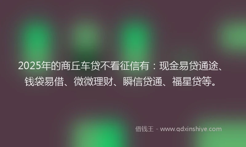 2025年的商丘车贷不看征信有：现金易贷通途、钱袋易借、微微理财、瞬信贷通、福星贷等。