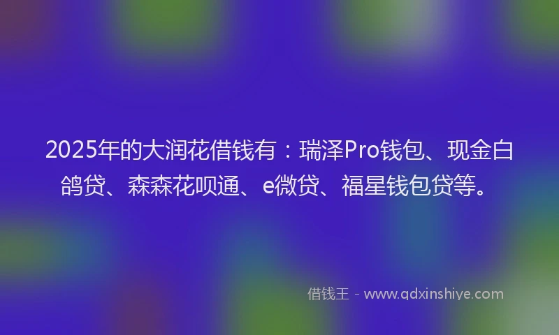 2025年的大润花借钱有：瑞泽Pro钱包、现金白鸽贷、森森花呗通、e微贷、福星钱包贷等。
