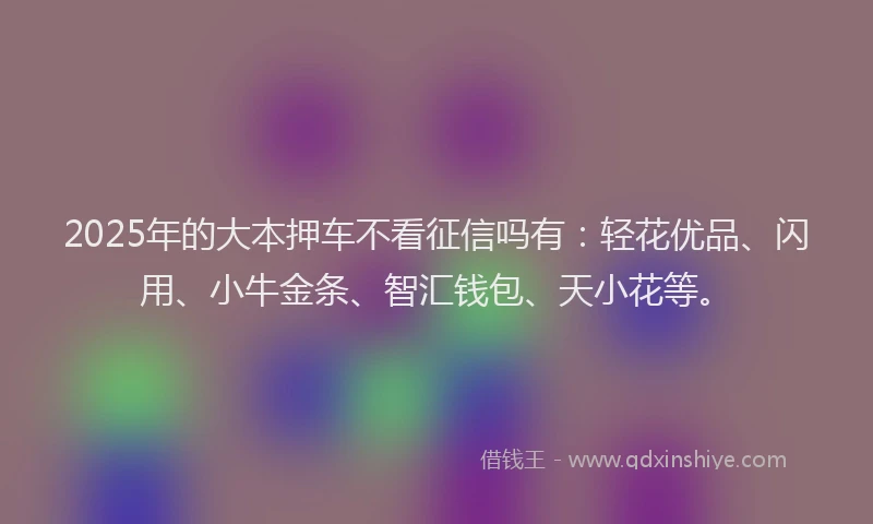 2025年的大本押车不看征信吗有：轻花优品、闪用、小牛金条、智汇钱包、天小花等。