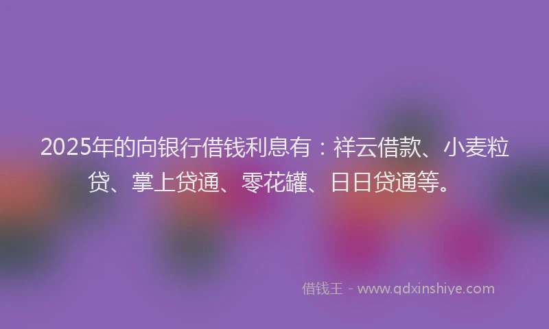 2025年的向银行借钱利息有：祥云借款、小麦粒贷、掌上贷通、零花罐、日日贷通等。