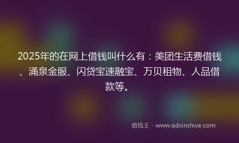 2025年的在网上借钱叫什么有：美团生活费借钱、涌泉金服、闪贷宝速融宝、万贝租物、人品借款等。