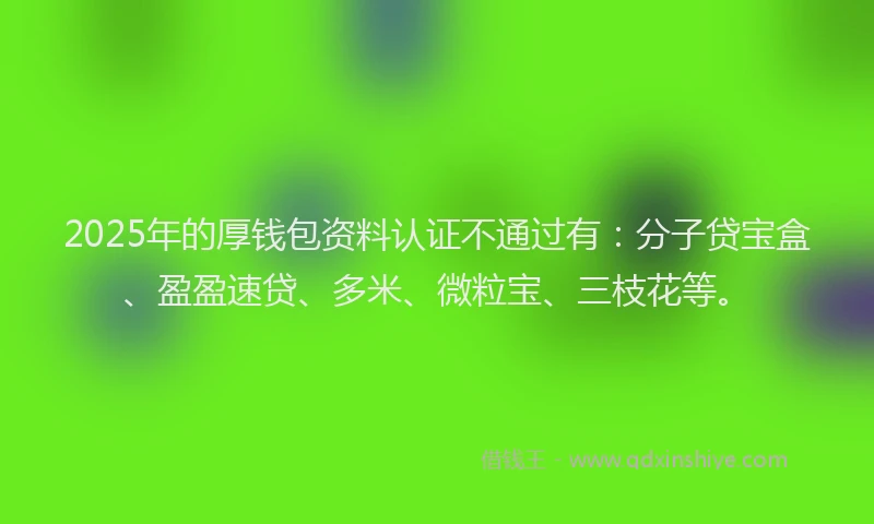 2025年的厚钱包资料认证不通过有：分子贷宝盒、盈盈速贷、多米、微粒宝、三枝花等。