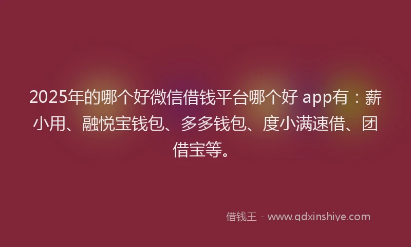 2025年的哪个好微信借钱平台哪个好 app有：薪小用、融悦宝钱包、多多钱包、度小满速借、团借宝等。