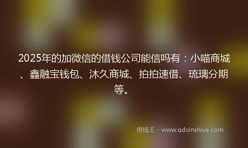 2025年的加微信的借钱公司能信吗有：小喵商城、鑫融宝钱包、沐久商城、拍拍速借、琉璃分期等。