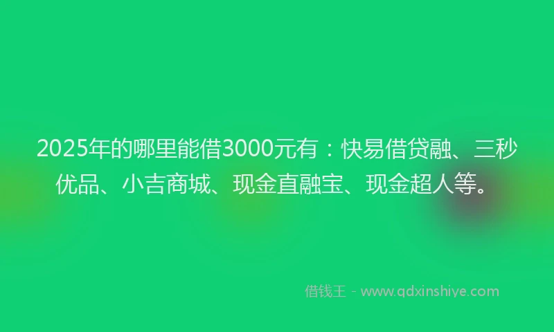 2025年的哪里能借3000元有：快易借贷融、三秒优品、小吉商城、现金直融宝、现金超人等。