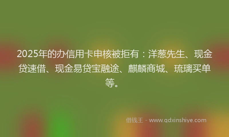 2025年的办信用卡申核被拒有：洋葱先生、现金贷速借、现金易贷宝融途、麒麟商城、琉璃买单等。