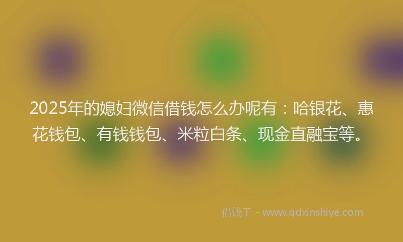 2025年的媳妇微信借钱怎么办呢有：哈银花、惠花钱包、有钱钱包、米粒白条、现金直融宝等。