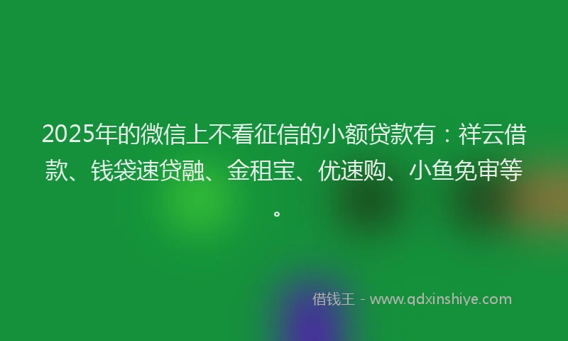 2025年的微信上不看征信的小额贷款有：祥云借款、钱袋速贷融、金租宝、优速购、小鱼免审等。