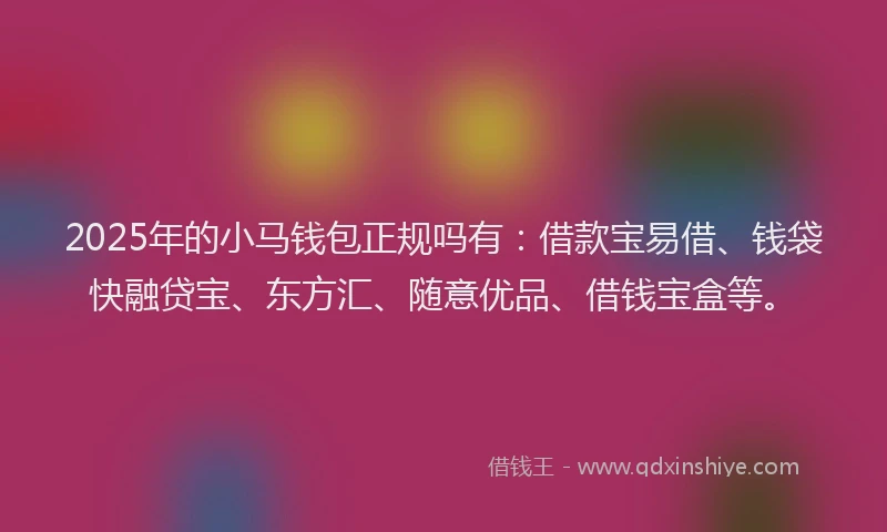 2025年的小马钱包正规吗有：借款宝易借、钱袋快融贷宝、东方汇、随意优品、借钱宝盒等。