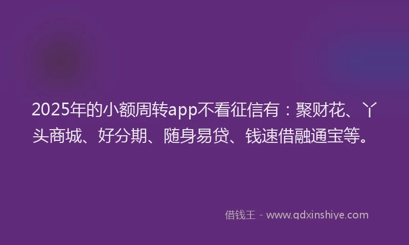 2025年的小额周转app不看征信有：聚财花、丫头商城、好分期、随身易贷、钱速借融通宝等。