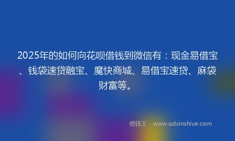 2025年的如何向花呗借钱到微信有：现金易借宝、钱袋速贷融宝、魔快商城、易借宝速贷、麻袋财富等。