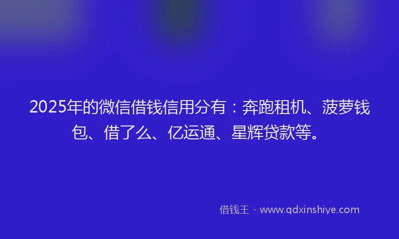2025年的微信借钱信用分有：奔跑租机、菠萝钱包、借了么、亿运通、星辉贷款等。