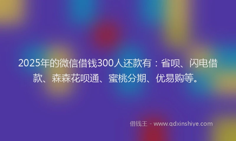 2025年的微信借钱300人还款有：省呗、闪电借款、森森花呗通、蜜桃分期、优易购等。