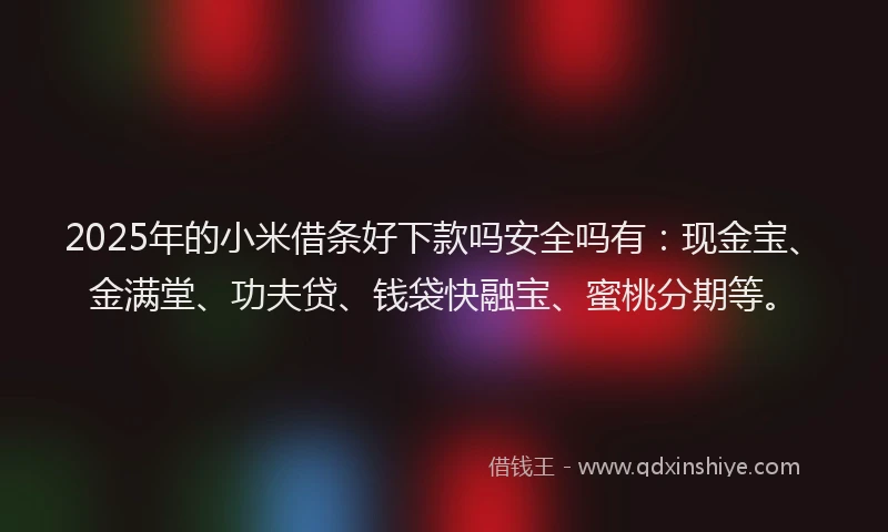 2025年的小米借条好下款吗安全吗有：现金宝、金满堂、功夫贷、钱袋快融宝、蜜桃分期等。