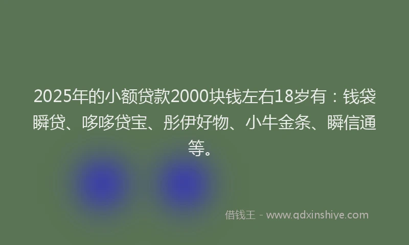 2025年的小额贷款2000块钱左右18岁有：钱袋瞬贷、哆哆贷宝、彤伊好物、小牛金条、瞬信通等。