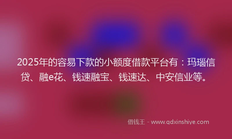 2025年的容易下款的小额度借款平台有：玛瑙信贷、融e花、钱速融宝、钱速达、中安信业等。