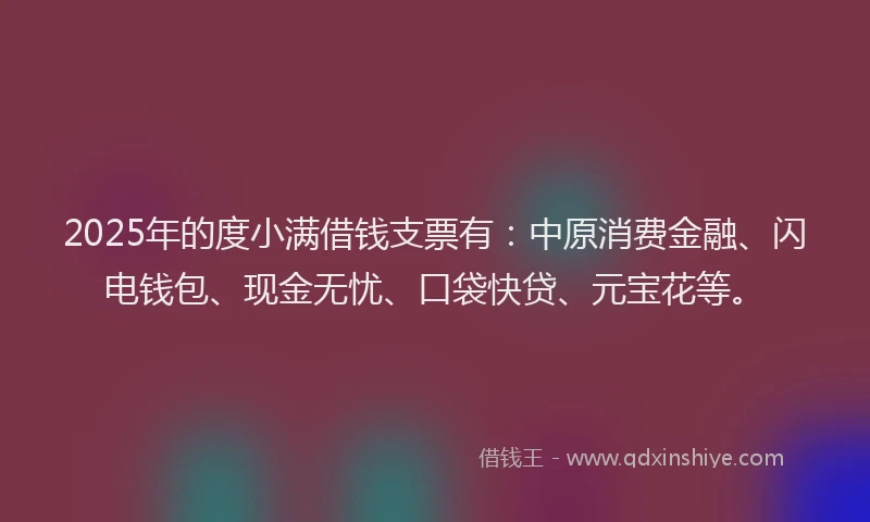 2025年的度小满借钱支票有：中原消费金融、闪电钱包、现金无忧、口袋快贷、元宝花等。