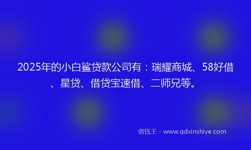 2025年的小白鲨贷款公司有：瑞耀商城、58好借、星贷、借贷宝速借、二师兄等。
