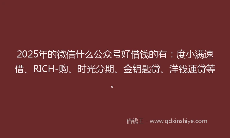 2025年的微信什么公众号好借钱的有：度小满速借、RICH-购、时光分期、金钥匙贷、洋钱速贷等。