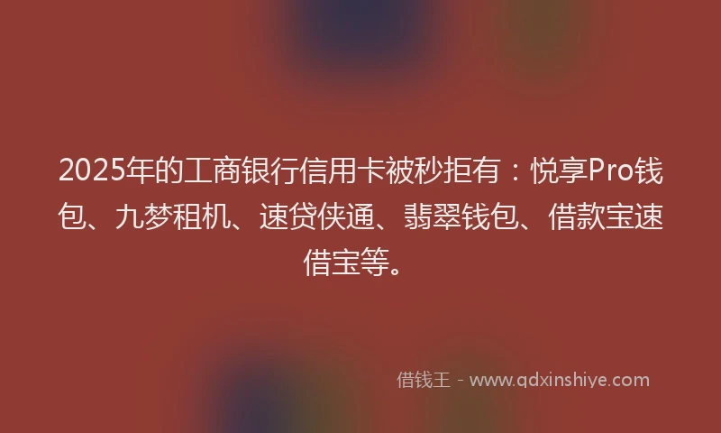 2025年的工商银行信用卡被秒拒有：悦享Pro钱包、九梦租机、速贷侠通、翡翠钱包、借款宝速借宝等。