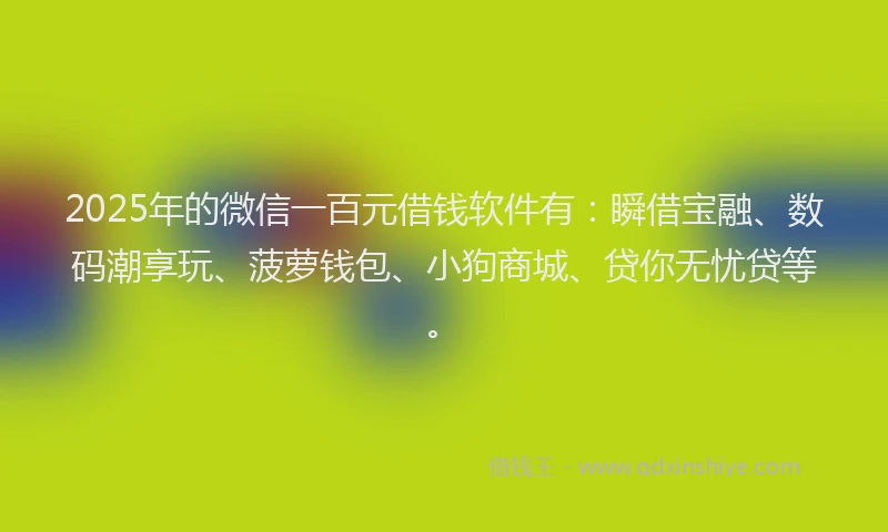 2025年的微信一百元借钱软件有：瞬借宝融、数码潮享玩、菠萝钱包、小狗商城、贷你无忧贷等。