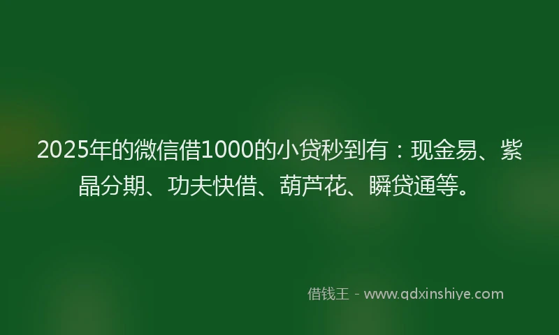 2025年的微信借1000的小贷秒到有：现金易、紫晶分期、功夫快借、葫芦花、瞬贷通等。