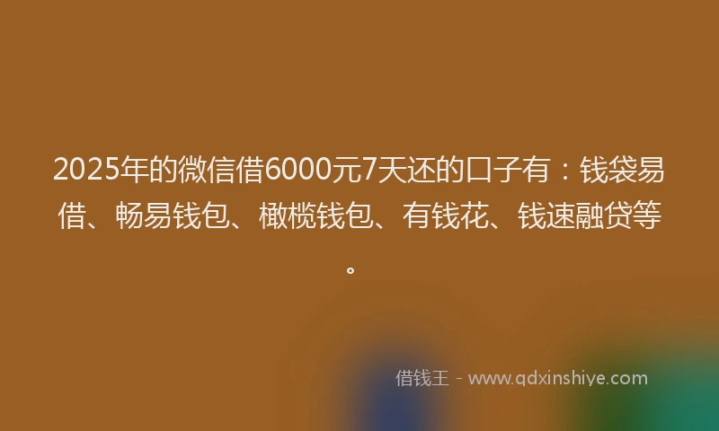2025年的微信借6000元7天还的口子有：钱袋易借、畅易钱包、橄榄钱包、有钱花、钱速融贷等。