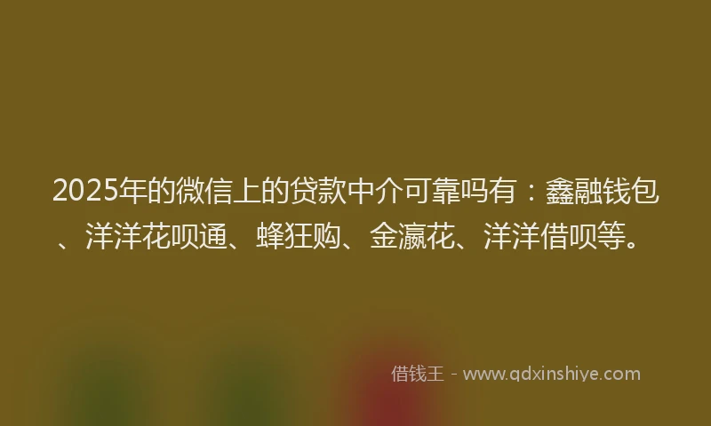 2025年的微信上的贷款中介可靠吗有：鑫融钱包、洋洋花呗通、蜂狂购、金瀛花、洋洋借呗等。