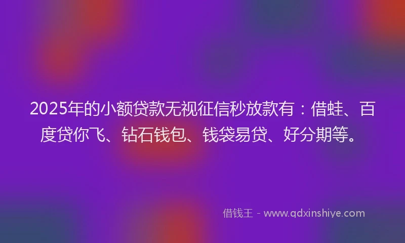 2025年的小额贷款无视征信秒放款有：借蛙、百度贷你飞、钻石钱包、钱袋易贷、好分期等。