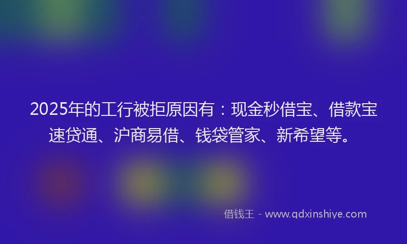 2025年的工行被拒原因有：现金秒借宝、借款宝速贷通、沪商易借、钱袋管家、新希望等。