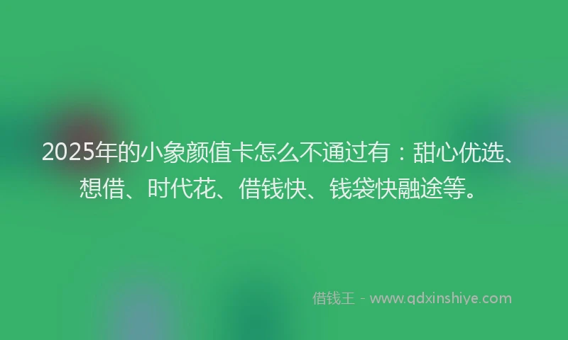 2025年的小象颜值卡怎么不通过有：甜心优选、想借、时代花、借钱快、钱袋快融途等。