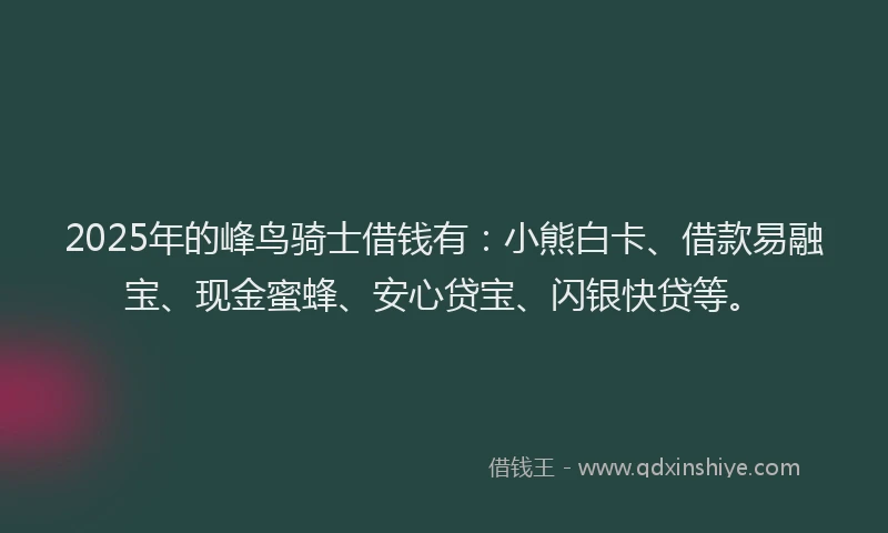 2025年的峰鸟骑士借钱有：小熊白卡、借款易融宝、现金蜜蜂、安心贷宝、闪银快贷等。