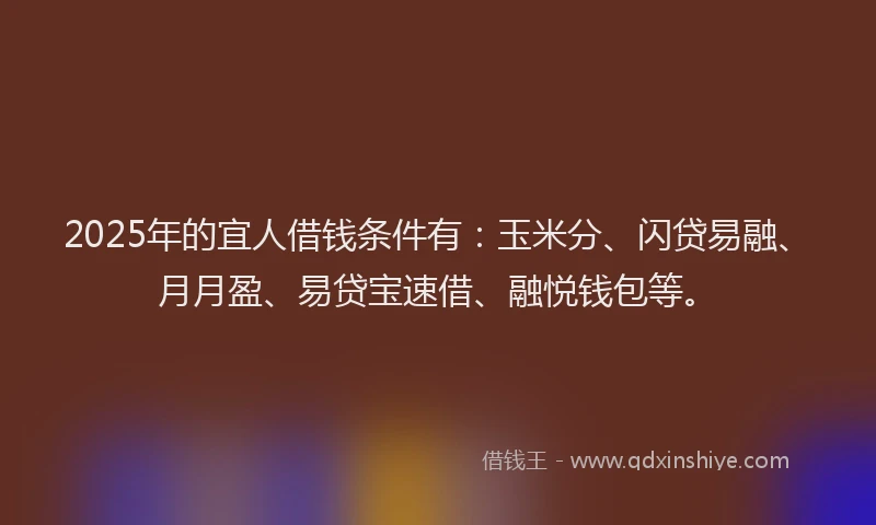 2025年的宜人借钱条件有：玉米分、闪贷易融、月月盈、易贷宝速借、融悦钱包等。