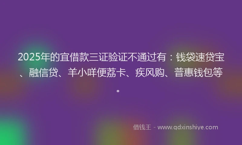 2025年的宜借款三证验证不通过有：钱袋速贷宝、融信贷、羊小咩便荔卡、疾风购、普惠钱包等。