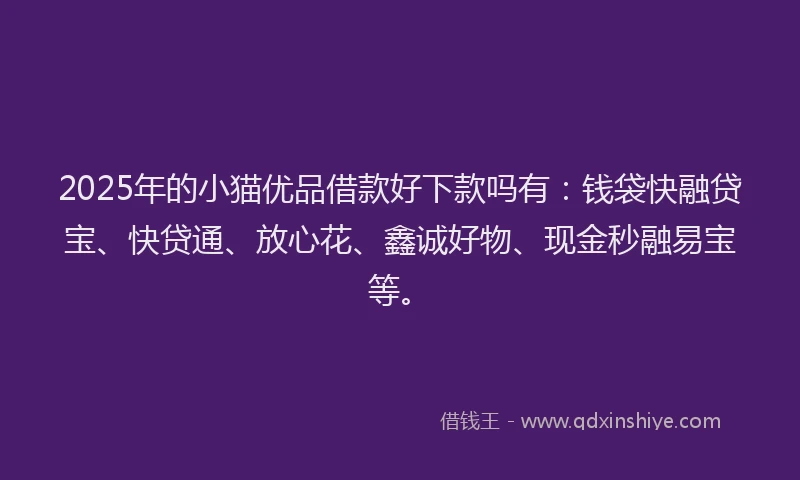 2025年的小猫优品借款好下款吗有：钱袋快融贷宝、快贷通、放心花、鑫诚好物、现金秒融易宝等。