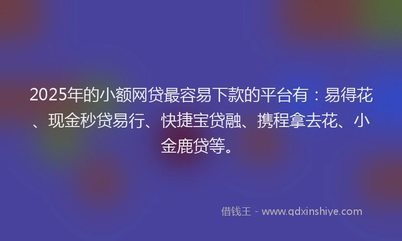 2025年的小额网贷最容易下款的平台有：易得花、现金秒贷易行、快捷宝贷融、携程拿去花、小金鹿贷等。