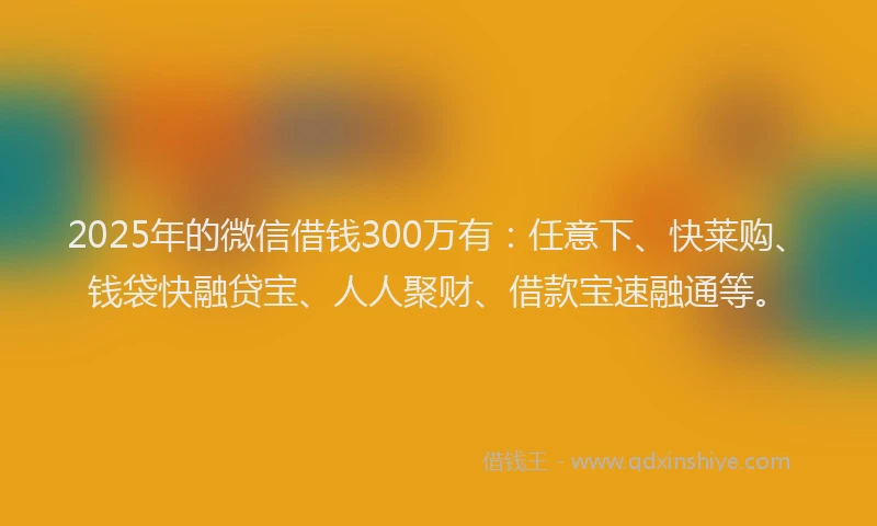 2025年的微信借钱300万有：任意下、快莱购、钱袋快融贷宝、人人聚财、借款宝速融通等。
