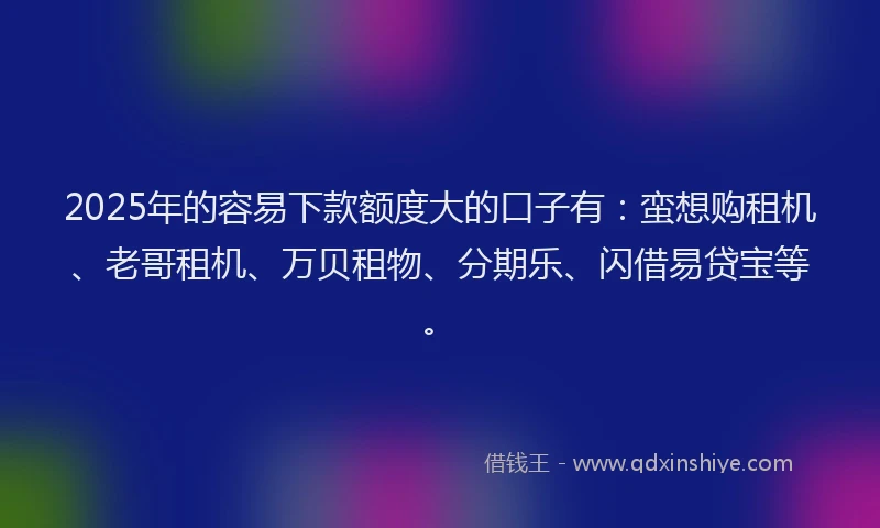2025年的容易下款额度大的口子有：蛮想购租机、老哥租机、万贝租物、分期乐、闪借易贷宝等。