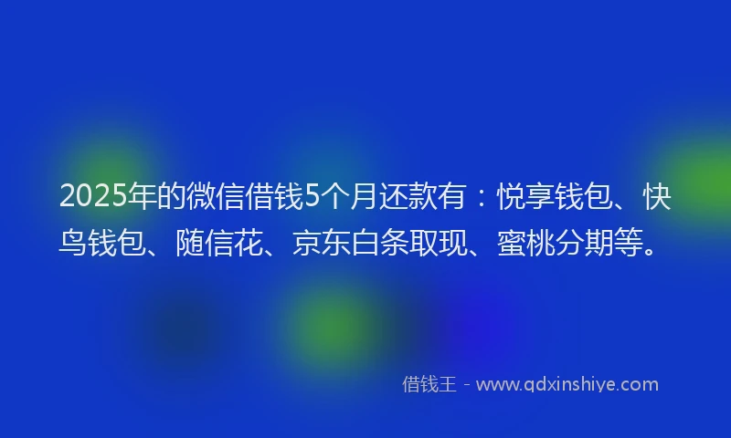 2025年的微信借钱5个月还款有：悦享钱包、快鸟钱包、随信花、京东白条取现、蜜桃分期等。