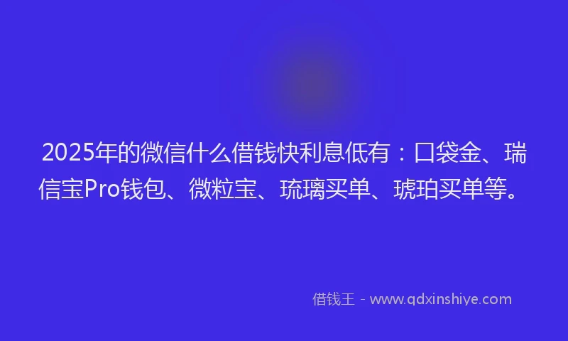 2025年的微信什么借钱快利息低有：口袋金、瑞信宝Pro钱包、微粒宝、琉璃买单、琥珀买单等。