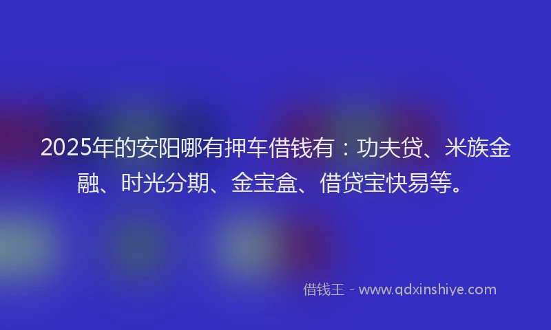 2025年的安阳哪有押车借钱有：功夫贷、米族金融、时光分期、金宝盒、借贷宝快易等。