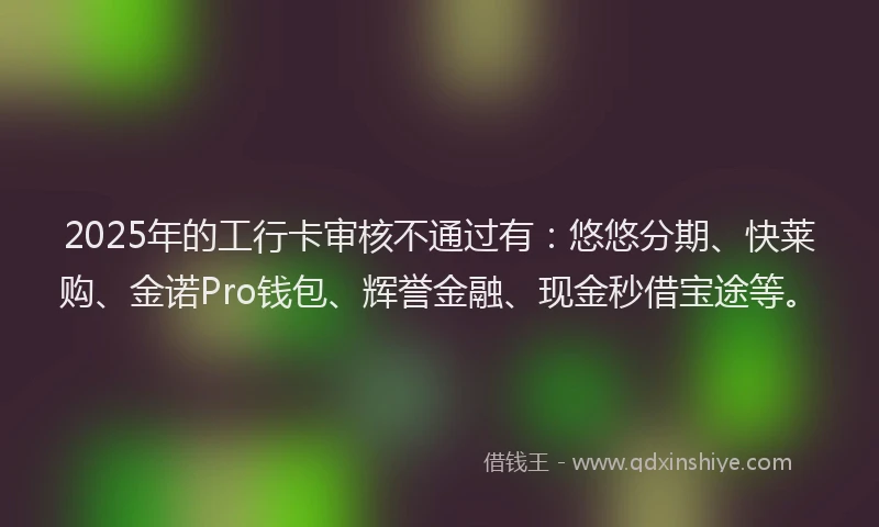 2025年的工行卡审核不通过有：悠悠分期、快莱购、金诺Pro钱包、辉誉金融、现金秒借宝途等。