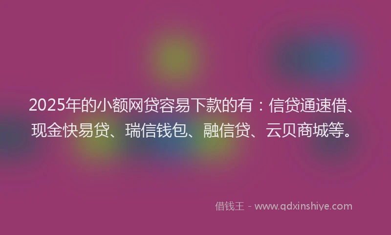 2025年的小额网贷容易下款的有：信贷通速借、现金快易贷、瑞信钱包、融信贷、云贝商城等。