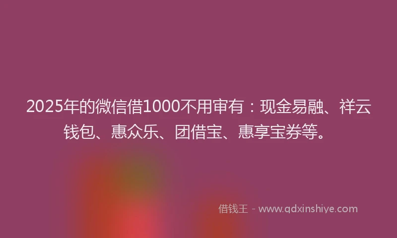 2025年的微信借1000不用审有：现金易融、祥云钱包、惠众乐、团借宝、惠享宝券等。