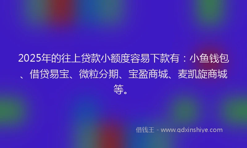 2025年的往上贷款小额度容易下款有：小鱼钱包、借贷易宝、微粒分期、宝盈商城、麦凯旋商城等。