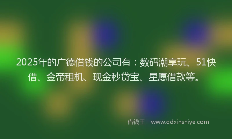 2025年的广德借钱的公司有：数码潮享玩、51快借、金帝租机、现金秒贷宝、星愿借款等。